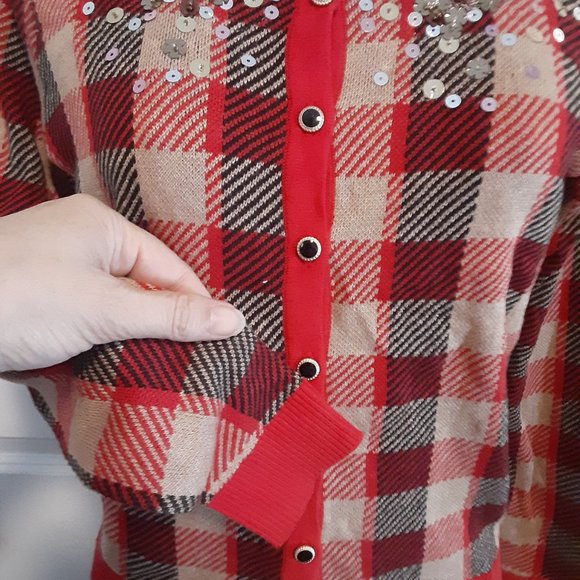 Charter Club Ravishing Red Sequined Plaid Cardigan Sweater - Picture 9 of 14
